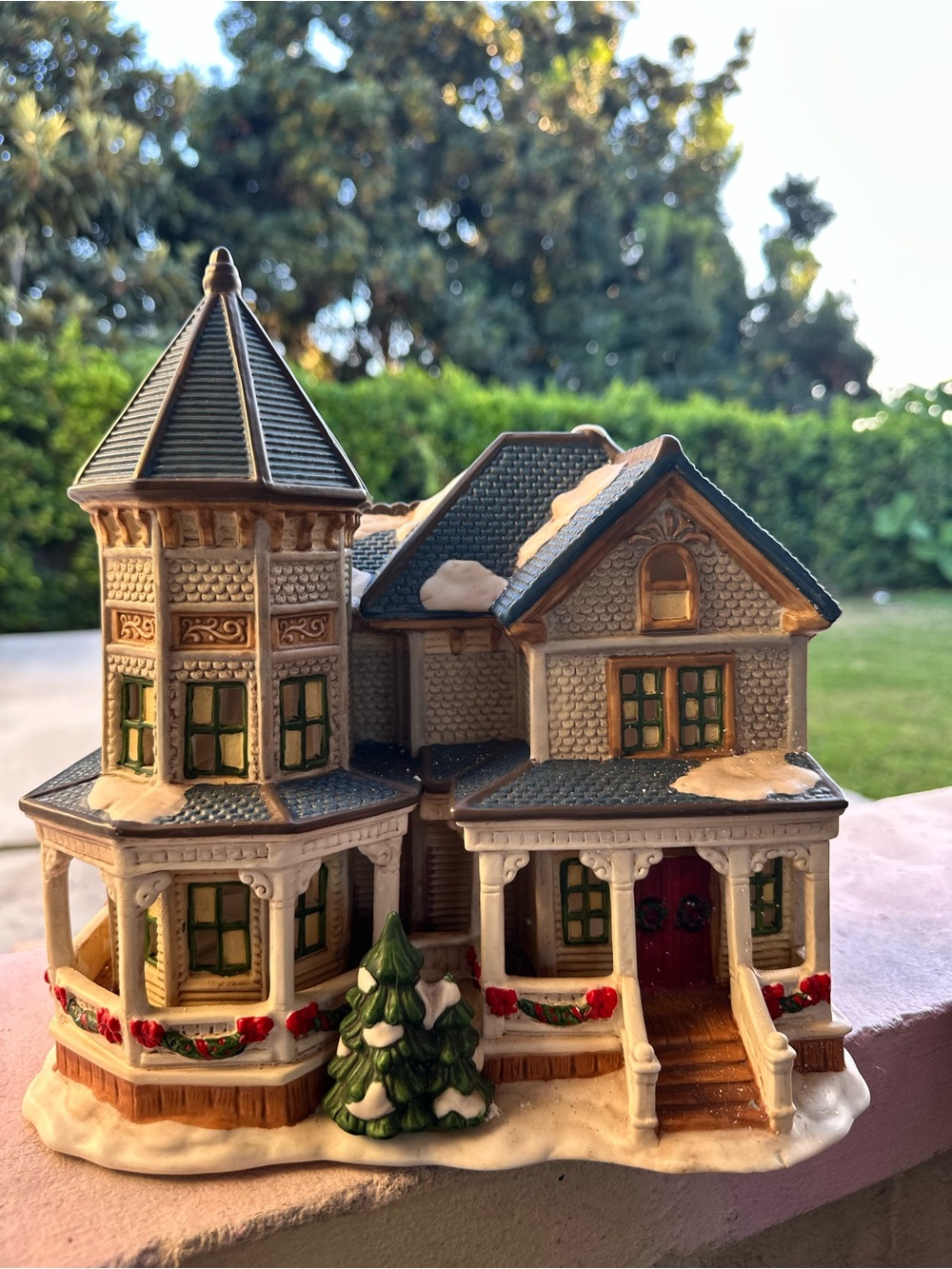 Victorian Holiday Ceramic House Figurine in Cream, Green and Blue